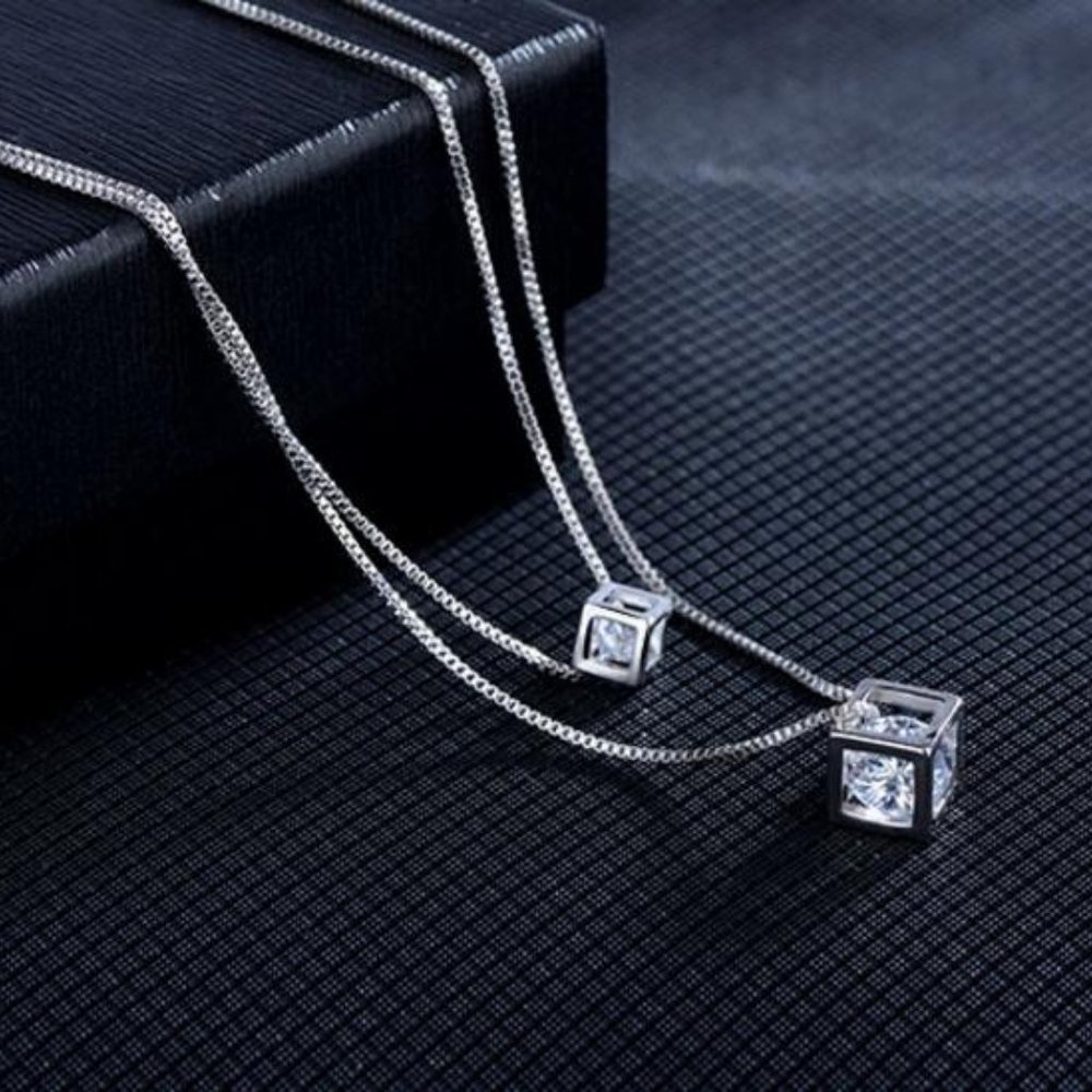 NEW 925 Sterling Silver Diamond Cube Necklace - Picture 4 of 8